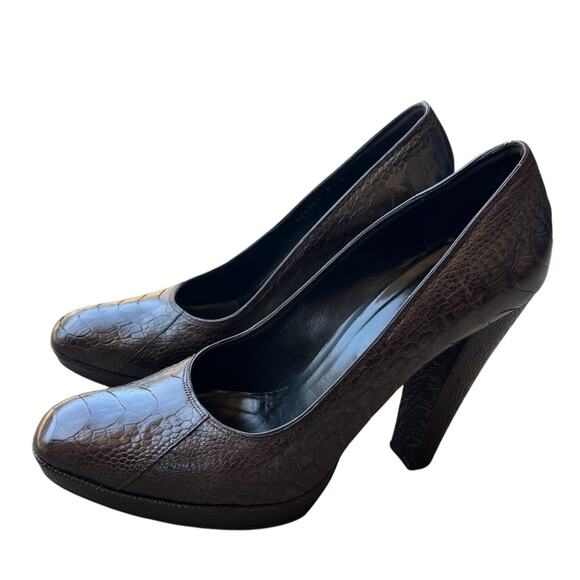 Gucci Leather Crocodile Embossed Thick Heel Pumps Cocoa Timeless Classic 8.5 - Picture 1 of 14